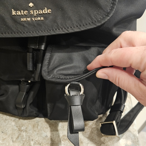 Kate Spade Black Carley Flap Nylon Drawstring Backpack w / Pockets - Picture 3 of 10
